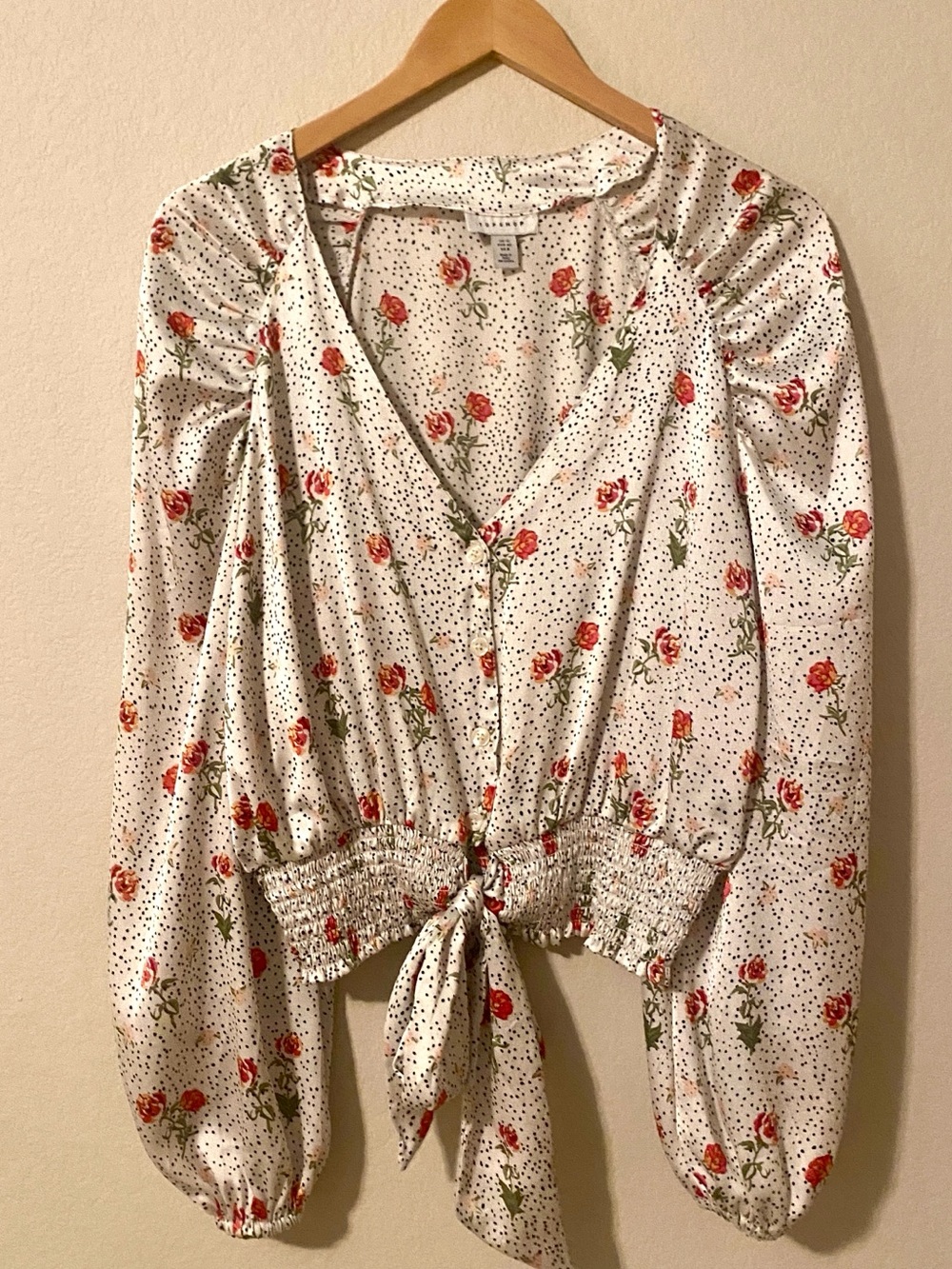 Topshop Floral Tie-Front Blouse - White with Red Rose Print